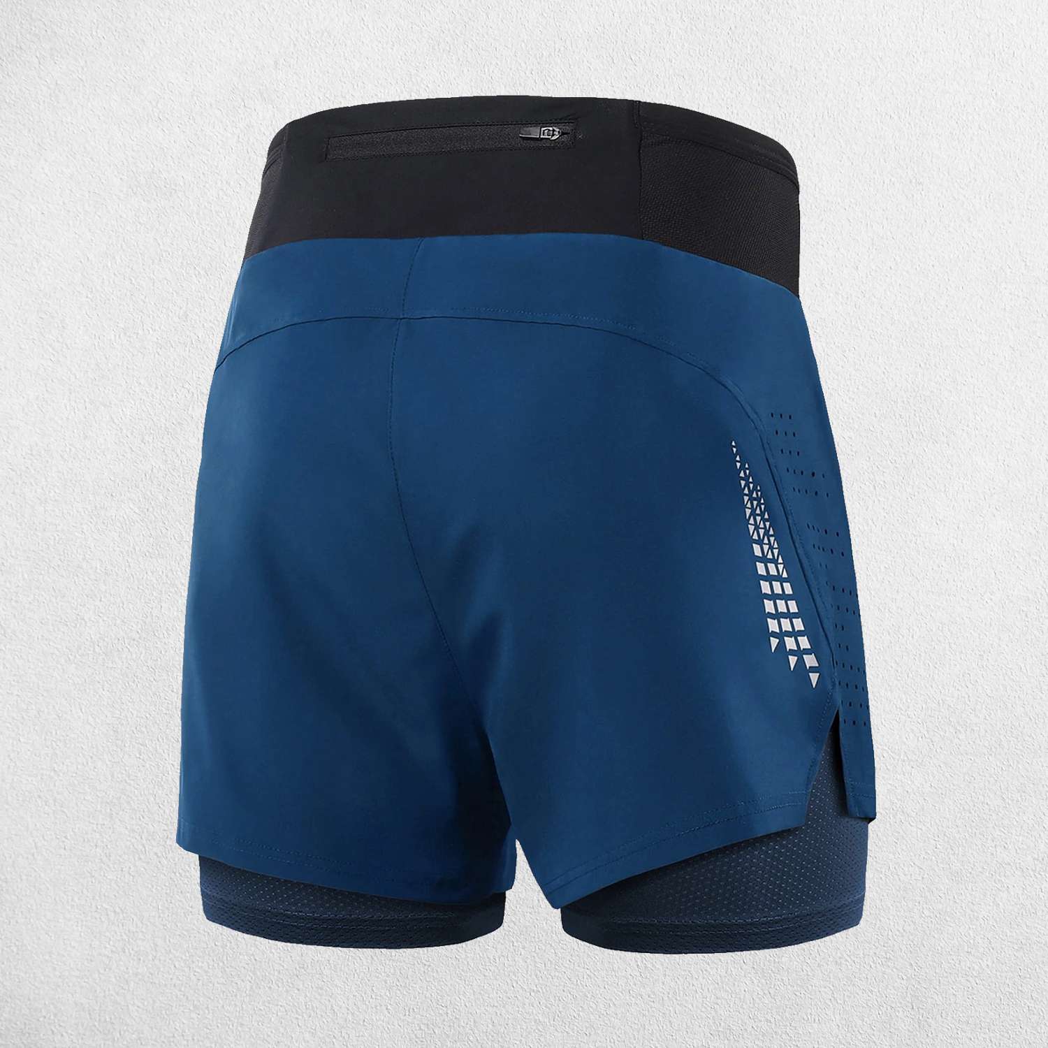 Blue GPW Men's 2-in-1 Running Shorts close-up showing dual layers