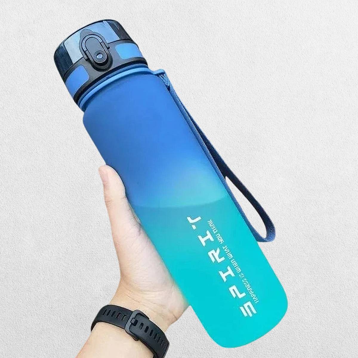Blue Green Gradient water bottle with secure lid and ergonomic carrying strap.
