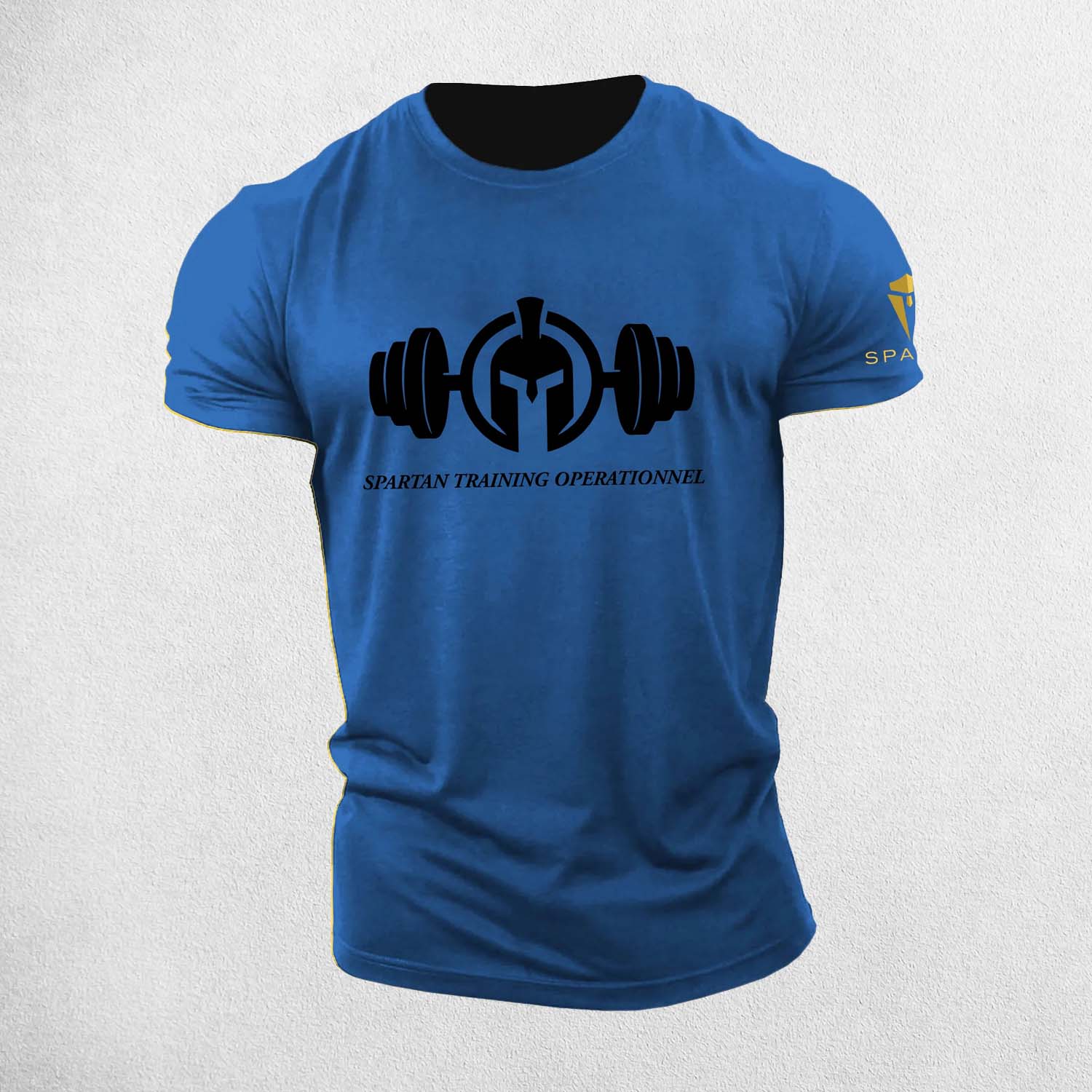 Blue Stretchable, flexible Spartan gym tee designed for maximum movement and comfort.