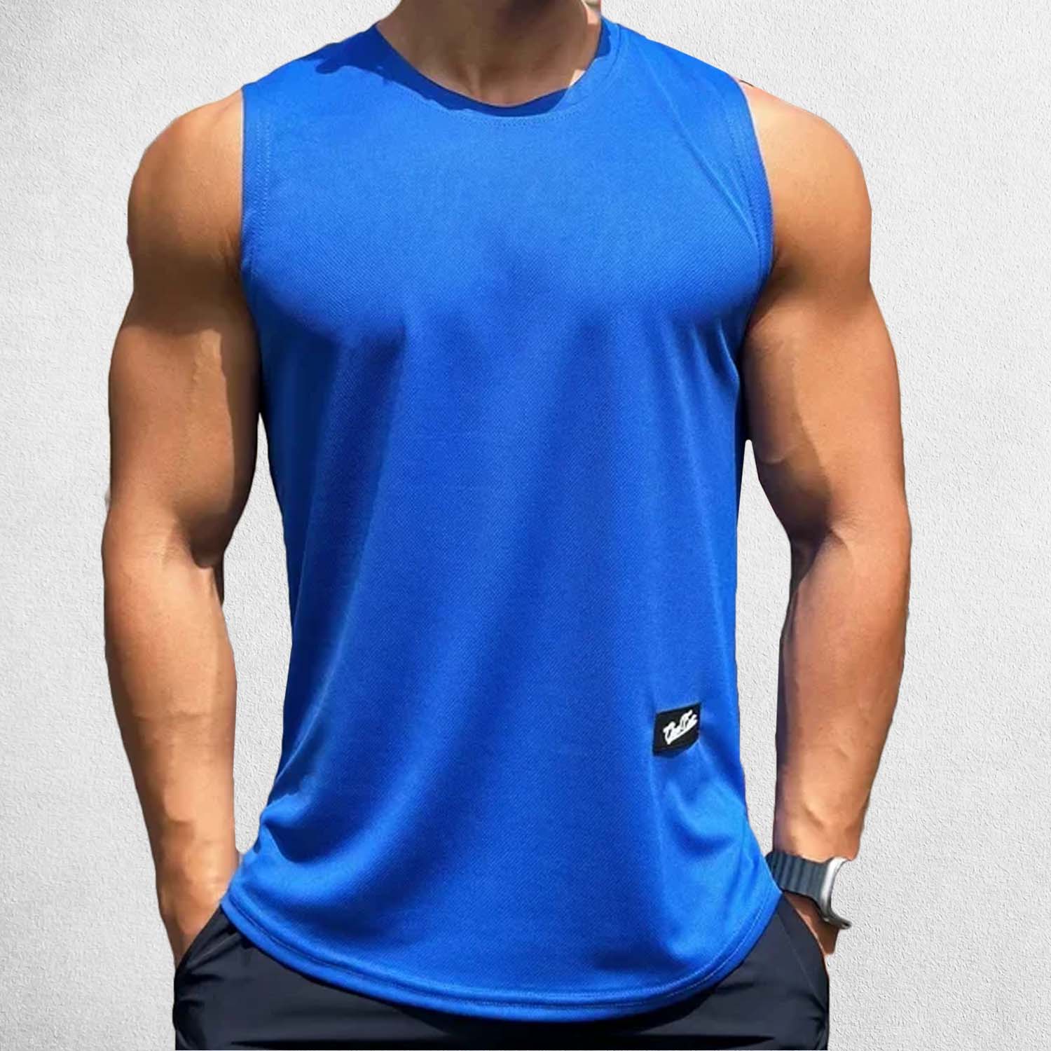 Front view of Blue men’s gym tank top in breathable mesh fabric