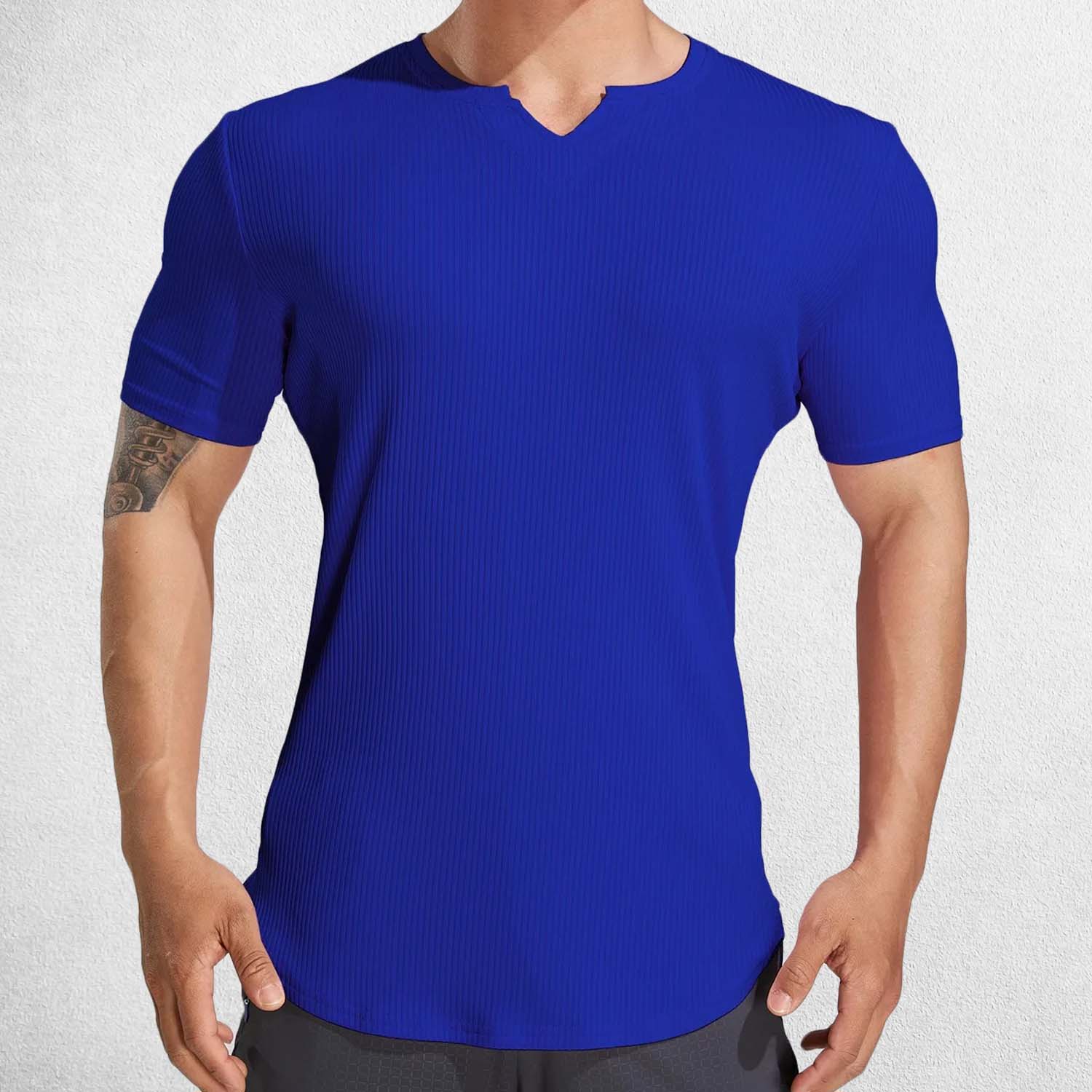 Blue Men’s Sport Semi-Tight Fitness T-Shirt – Front view showcasing stretchy fabric and V-neck design for basketball and running.