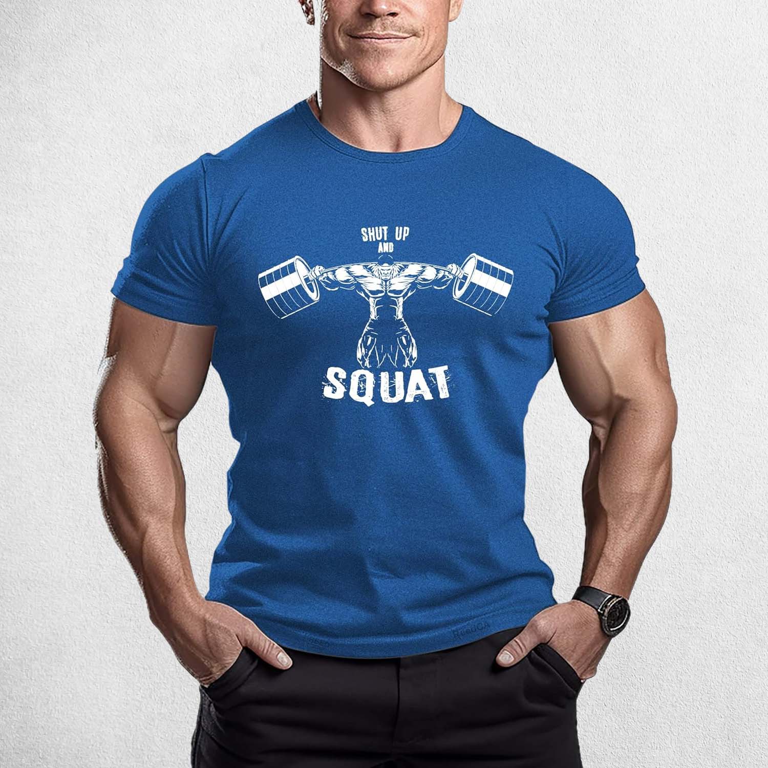 Front View of Model Wearing Blue Muscle Men's Gym T-Shirt – 3D Printed, Short Sleeve, Sporty Workout & Casual Tee