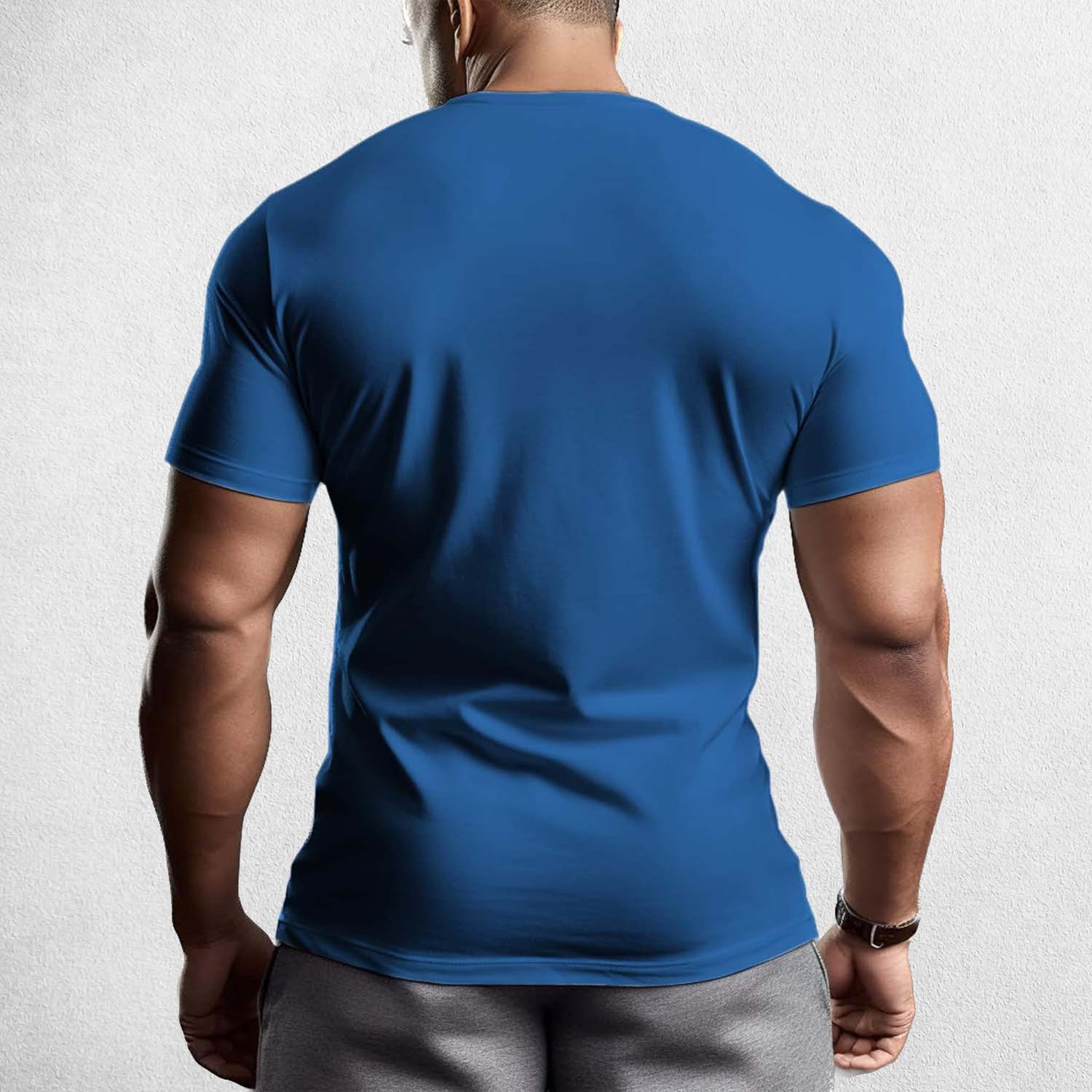 Back View of Model Wearing Blue Muscle Men's Gym T-Shirt – 3D Printed, Short Sleeve, Sporty Workout & Casual Tee