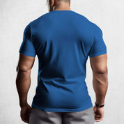 Back View of Model Wearing Blue Muscle Men's Gym T-Shirt – 3D Printed, Short Sleeve, Sporty Workout & Casual Tee