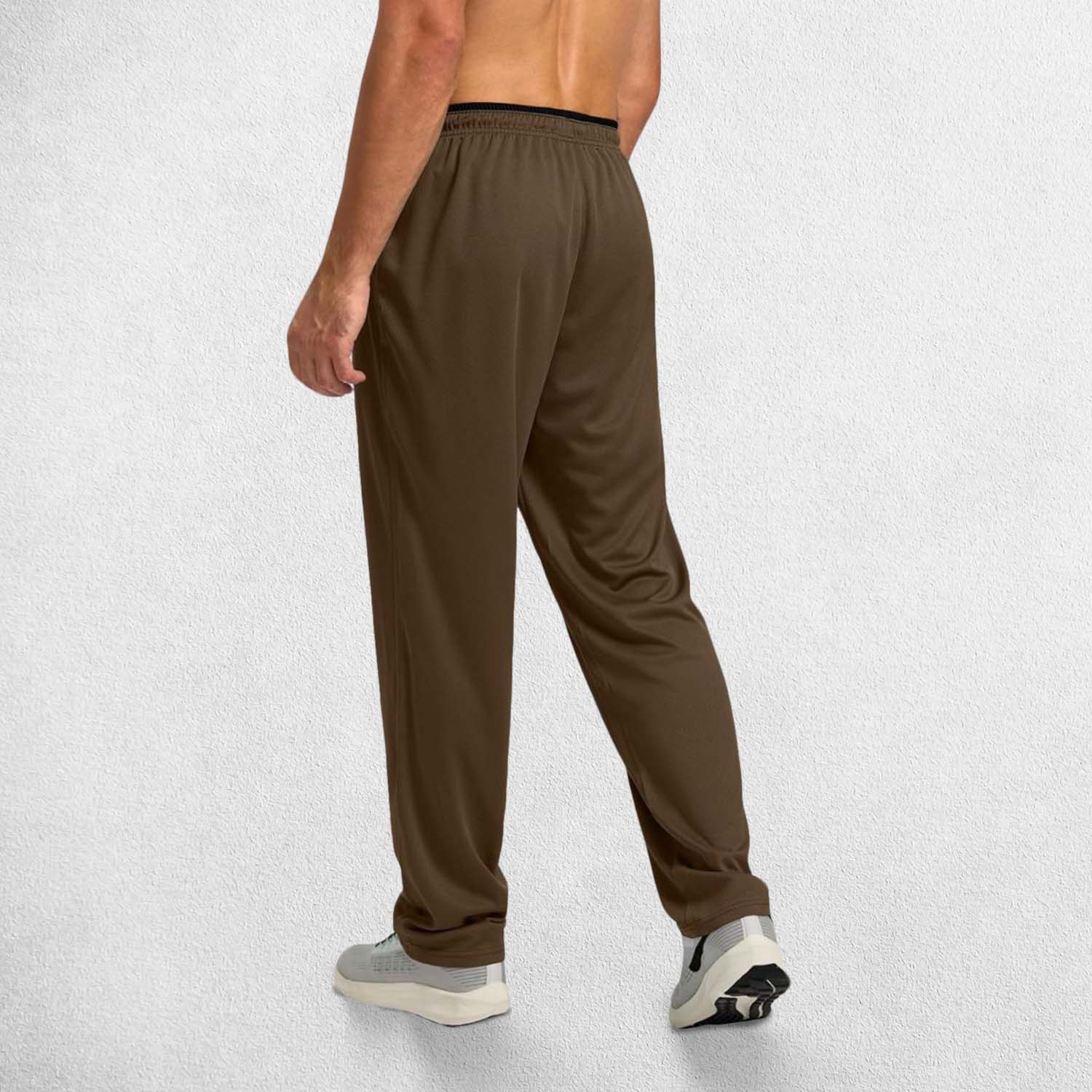 Back View of Model Wearing Brown GPW Men’s Open-Bottom Workout Trousers with Lightweight Mesh
