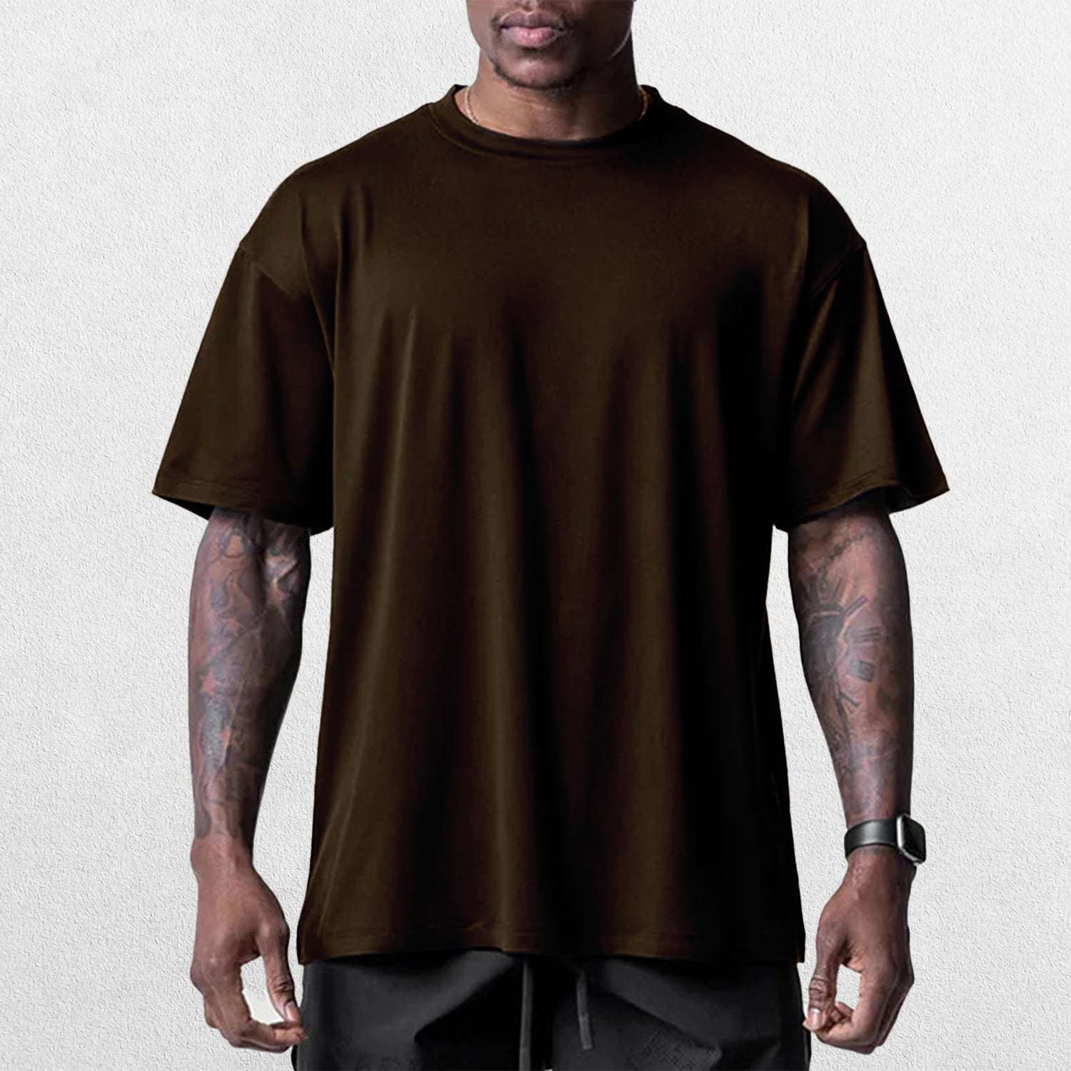 Close-up of Brown GPW Men's Summer Quick-Dry Gym Casual Tee in a studio background