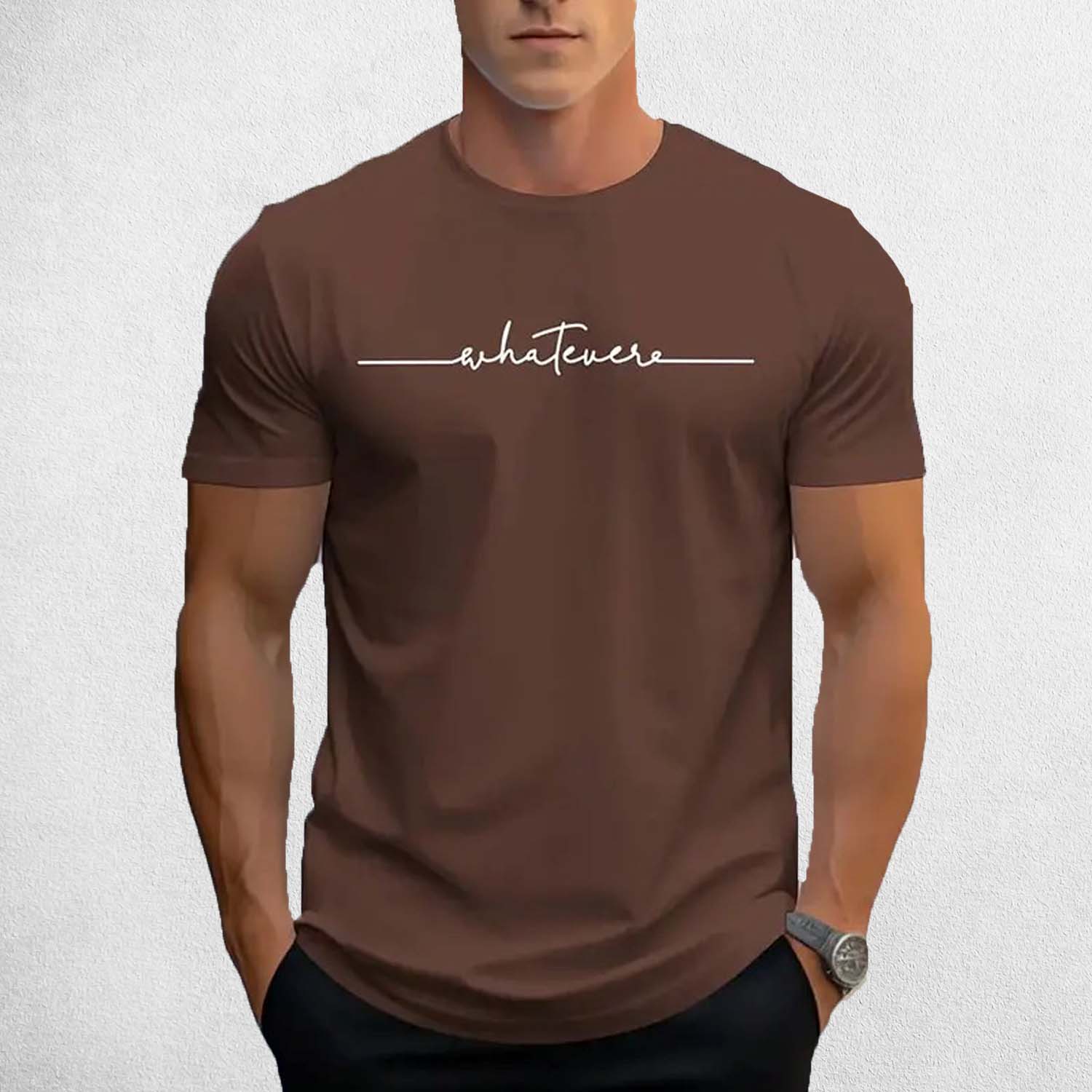 Front View of Model Wearing Brown Men’s Letter Print Round Neck T-Shirt – Casual Breathable Summer Short-Sleeve Tee