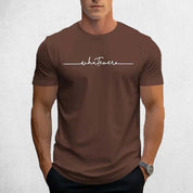 Front View of Model Wearing Brown Men’s Letter Print Round Neck T-Shirt – Casual Breathable Summer Short-Sleeve Tee