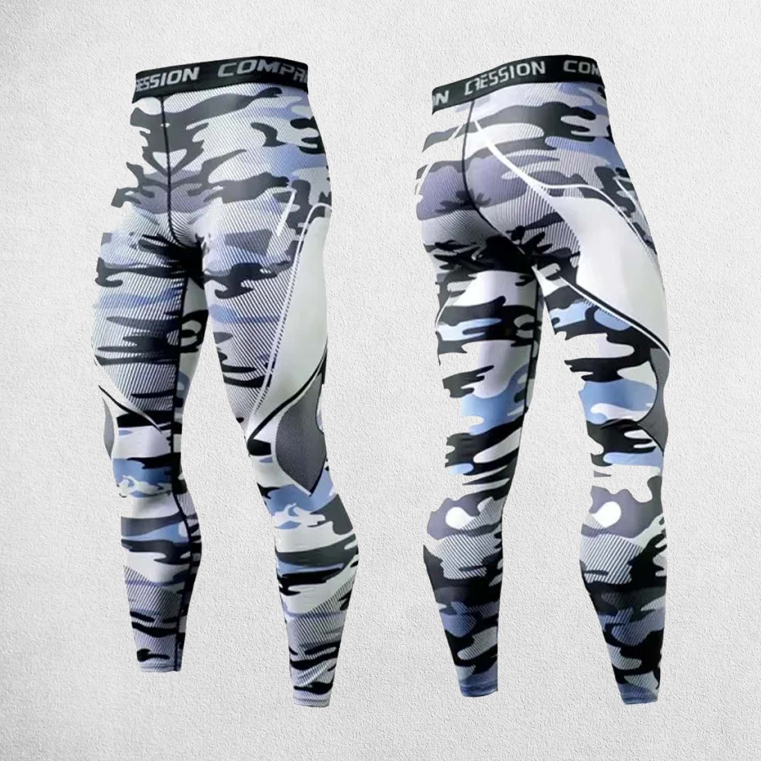 Front And back view of  Men’s compression pants with high-stretch fabric for gym workouts and running.