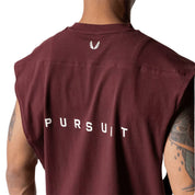 Close Up of GPW Men's Performance Round Neck Sleeveless Shirt in burgundy, illustrating the clean design and fit with a calm studio backdrop.