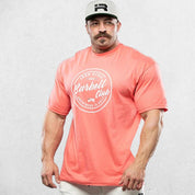 Coral Loose Fit Barbell Club Tee - Oversized gym shirt front view.