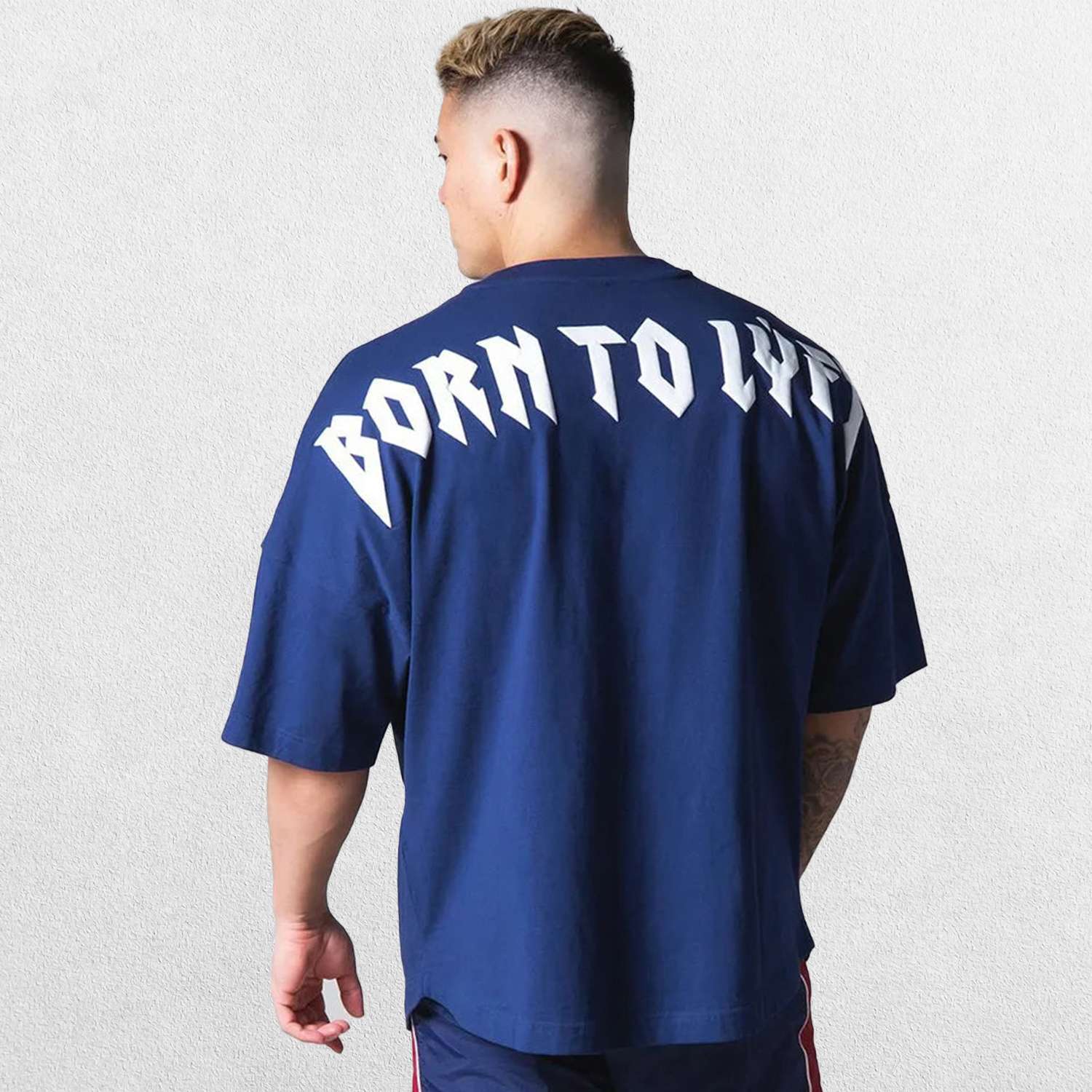 Close-up of Dark Blue GPW Men's Oversized Cotton T-Shirt - Casual Gym Fitness Tee