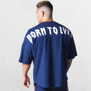 Close-up of Dark Blue GPW Men's Oversized Cotton T-Shirt - Casual Gym Fitness Tee