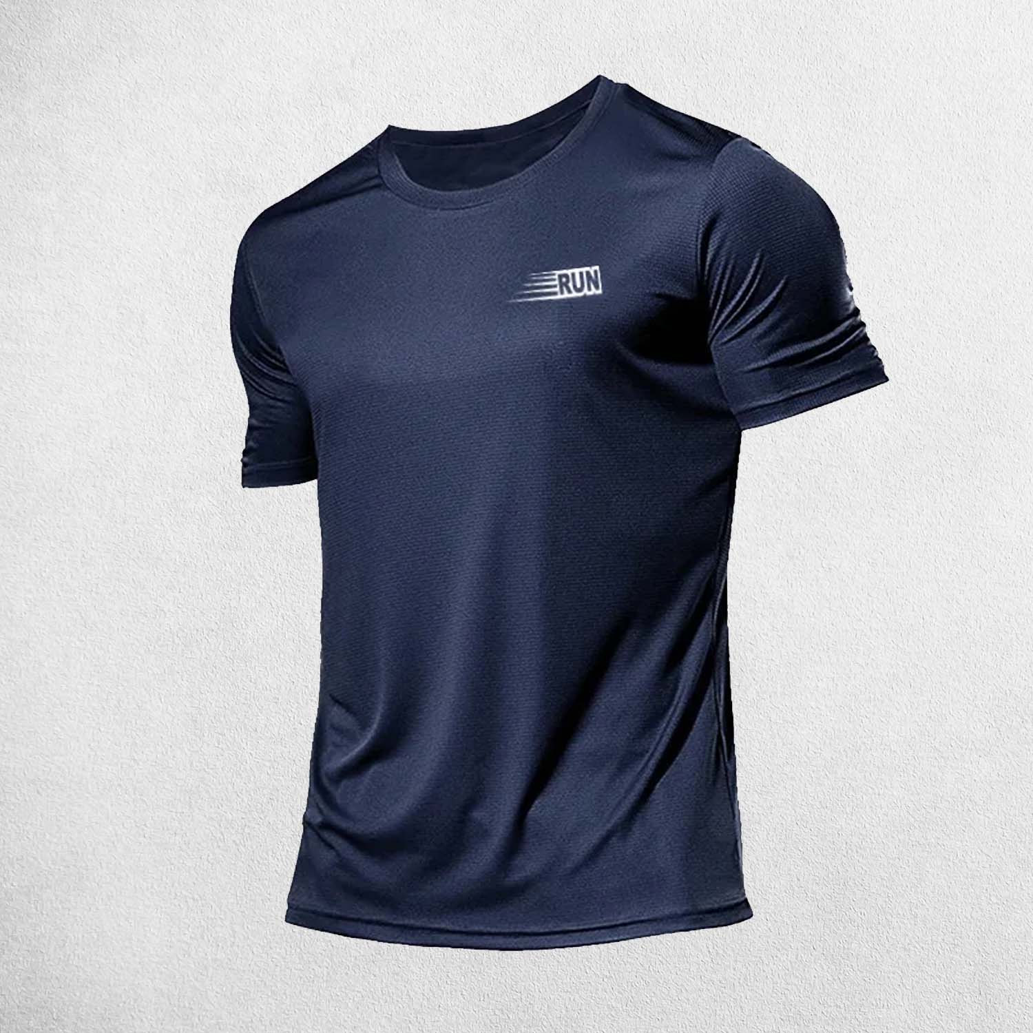 Front view of Dark Blue Men's Quick-Dry Compression Sports T-Shirt – Moisture-Wicking Gym & Running Shirt