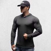 Model wearing Dark Grey Athletic Fit Fitness Hoodie Top For Running, Bodybuilding, and Fitness