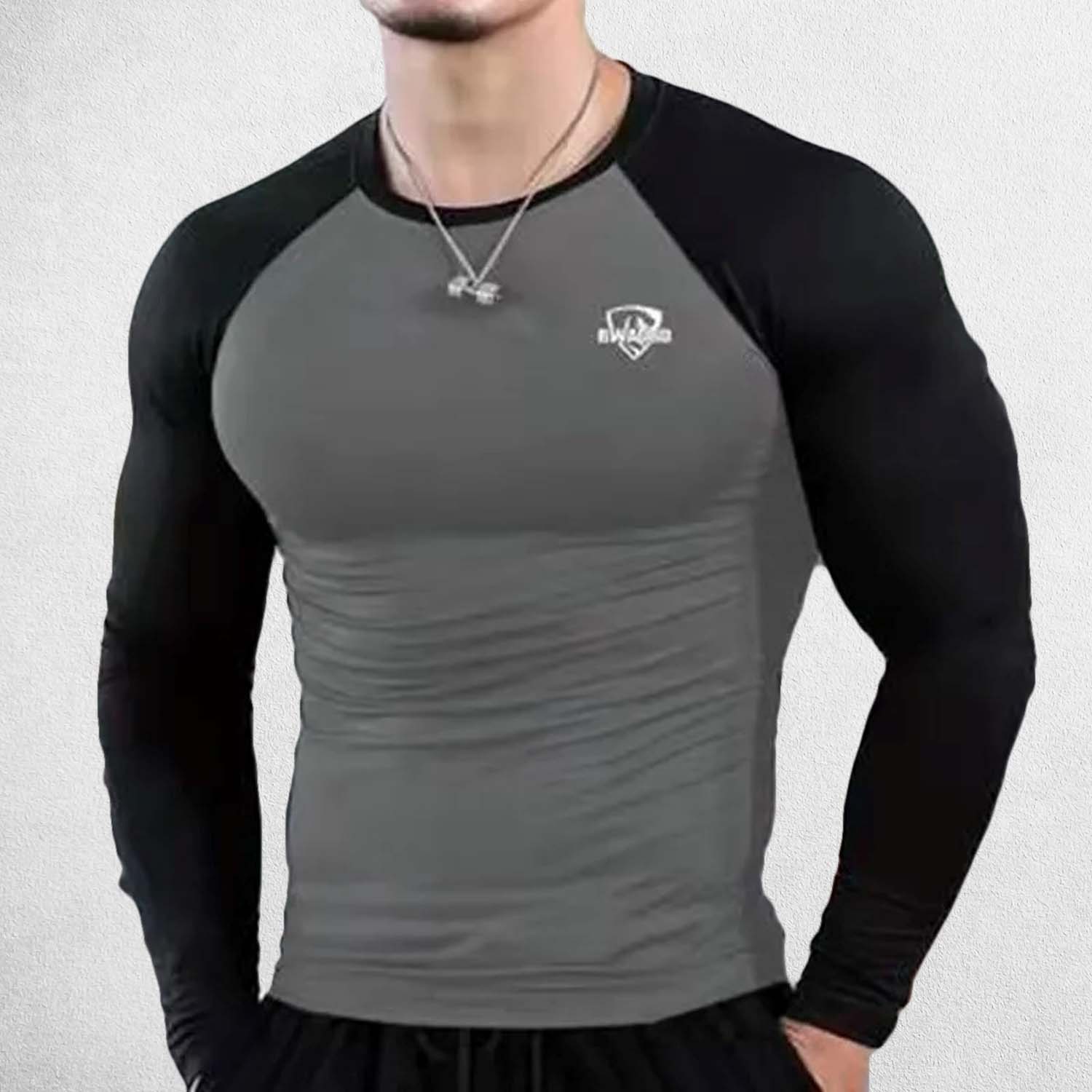 Close Up of  Model Wearing Dark Grey Black Men's Compression Quick-Dry Long Sleeve T-Shirt – Tight-Fit Gym & Running Sportswear for Training & Fitness