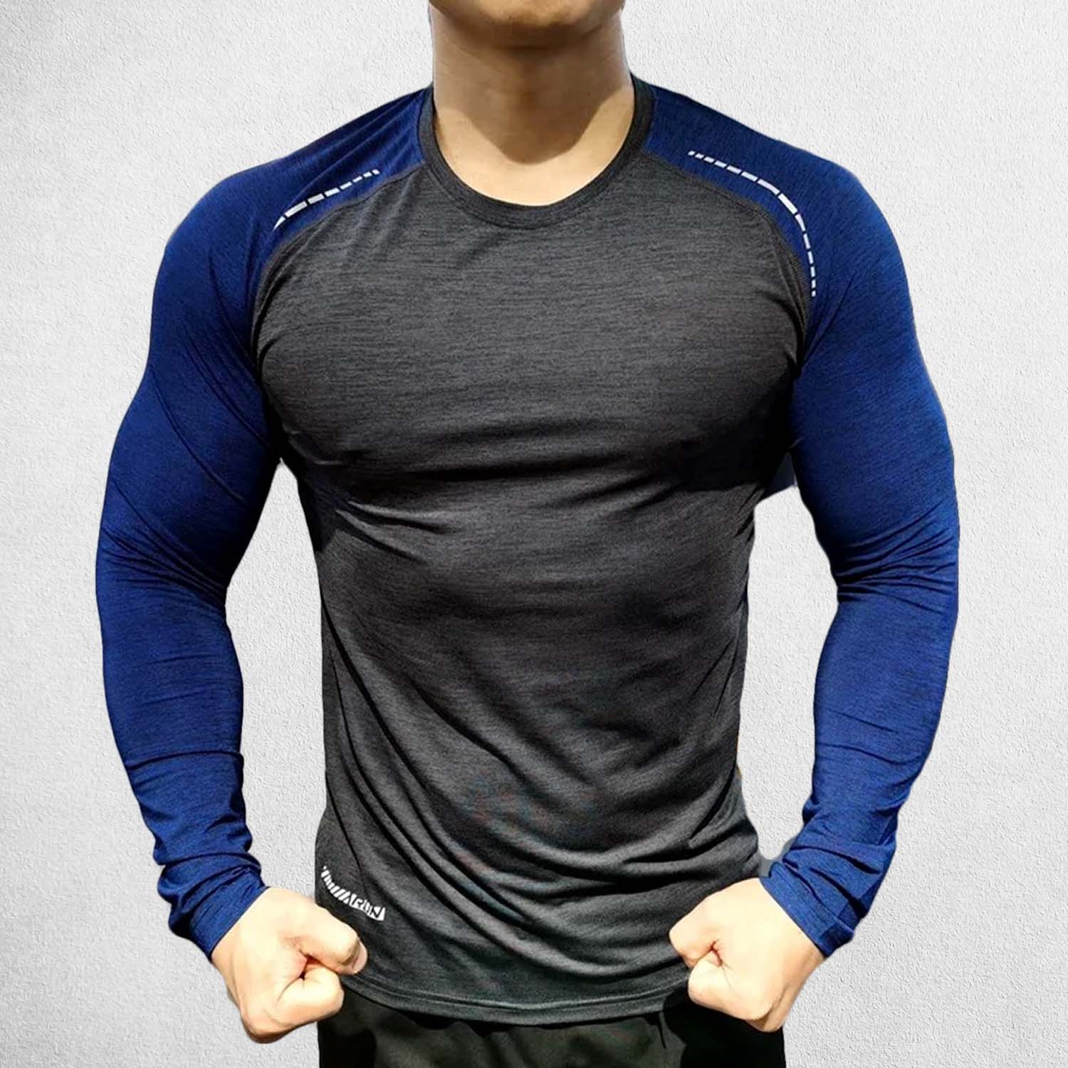 Front View of Model Wearing Dark Grey Blue Men’s Compression Sweatshirt – Long Sleeve Dry Fit Performance Gym & Running Top