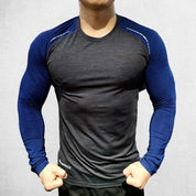 Front View of Model Wearing Dark Grey Blue Men’s Compression Sweatshirt – Long Sleeve Dry Fit Performance Gym & Running Top