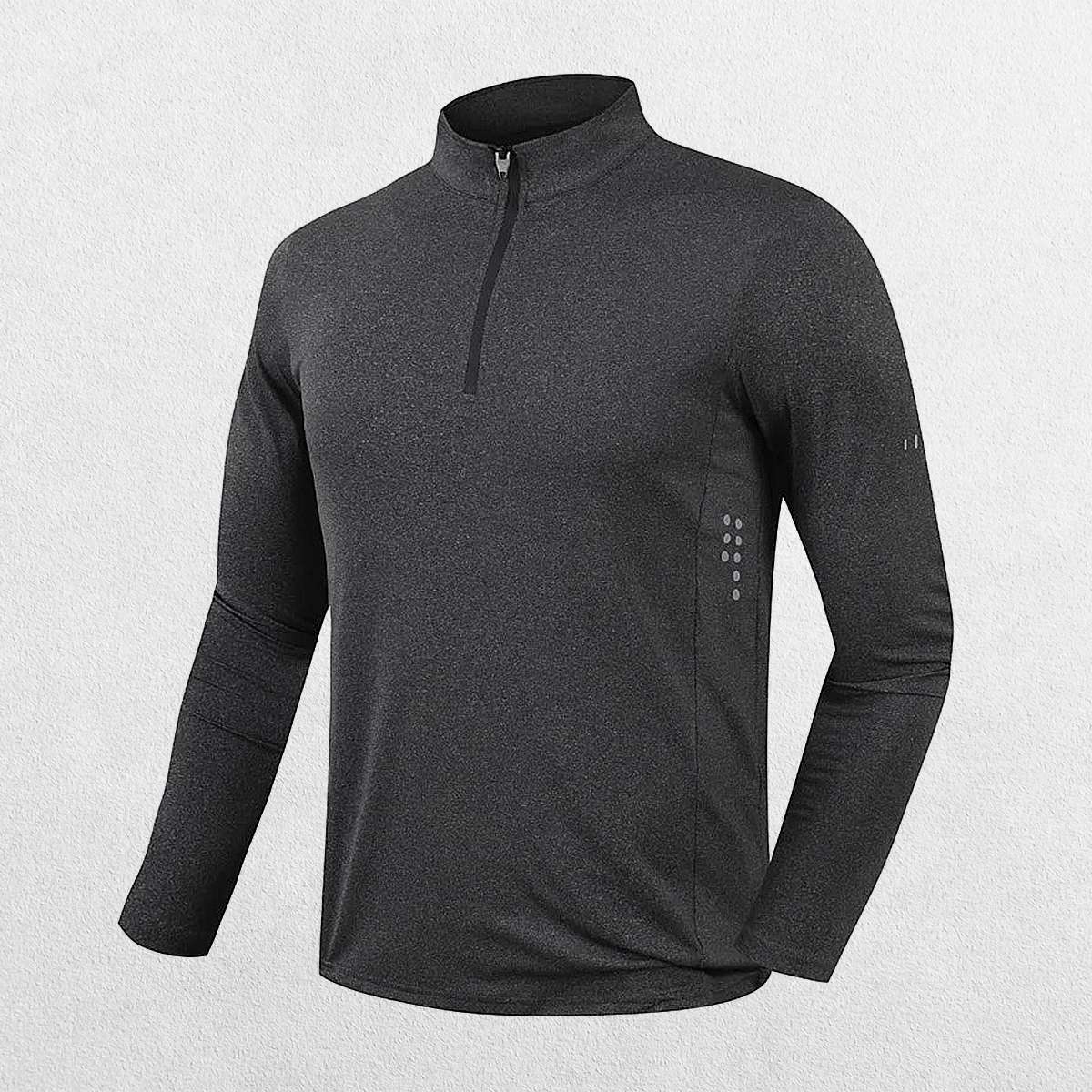 Close-up of Dark Grey GPW Men's Half Zipper Stand Collar Sports shirt.