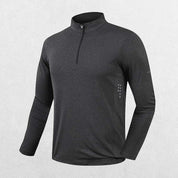 Close-up of Dark Grey GPW Men's Half Zipper Stand Collar Sports shirt.