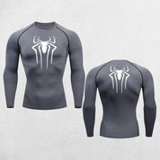 Front And Back Close Up of Dark Grey GPW Men's Spider Print Compression Tee - Athletic Quick Dry Workout Shirt