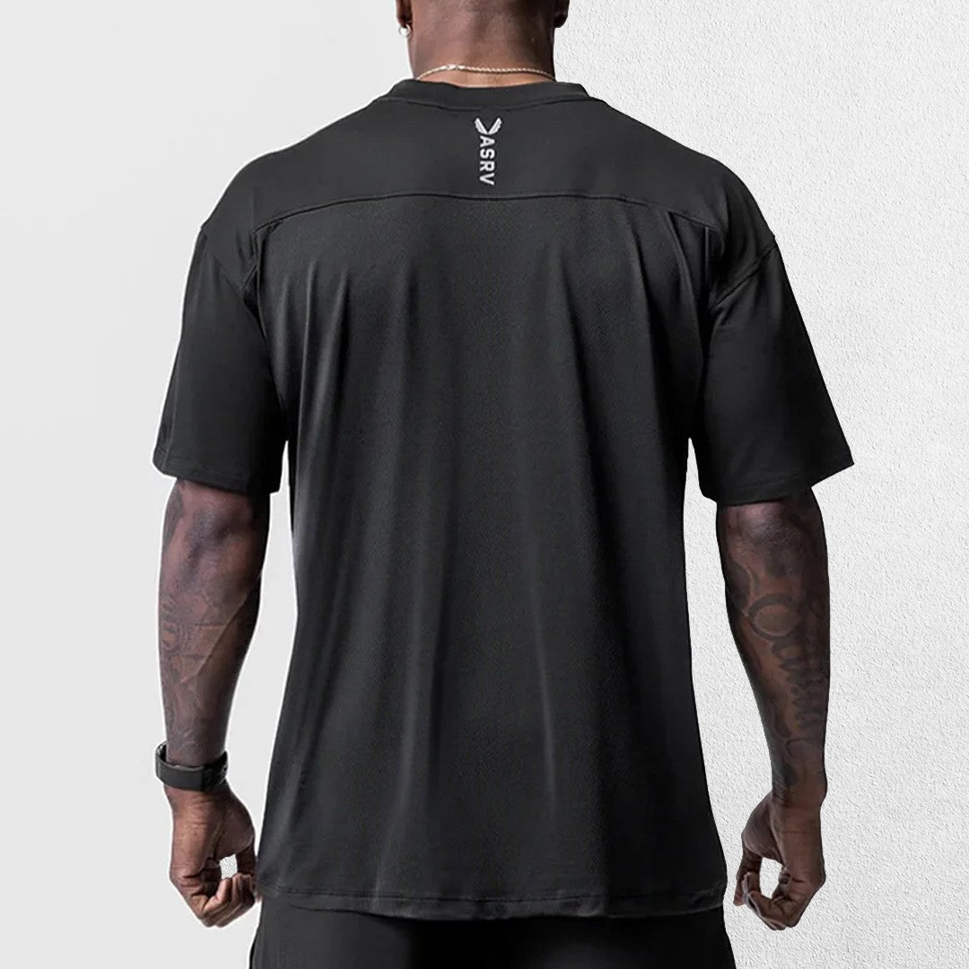 Back of Dark Grey GPW Men's Summer Quick-Dry Gym Casual Tee in a studio background