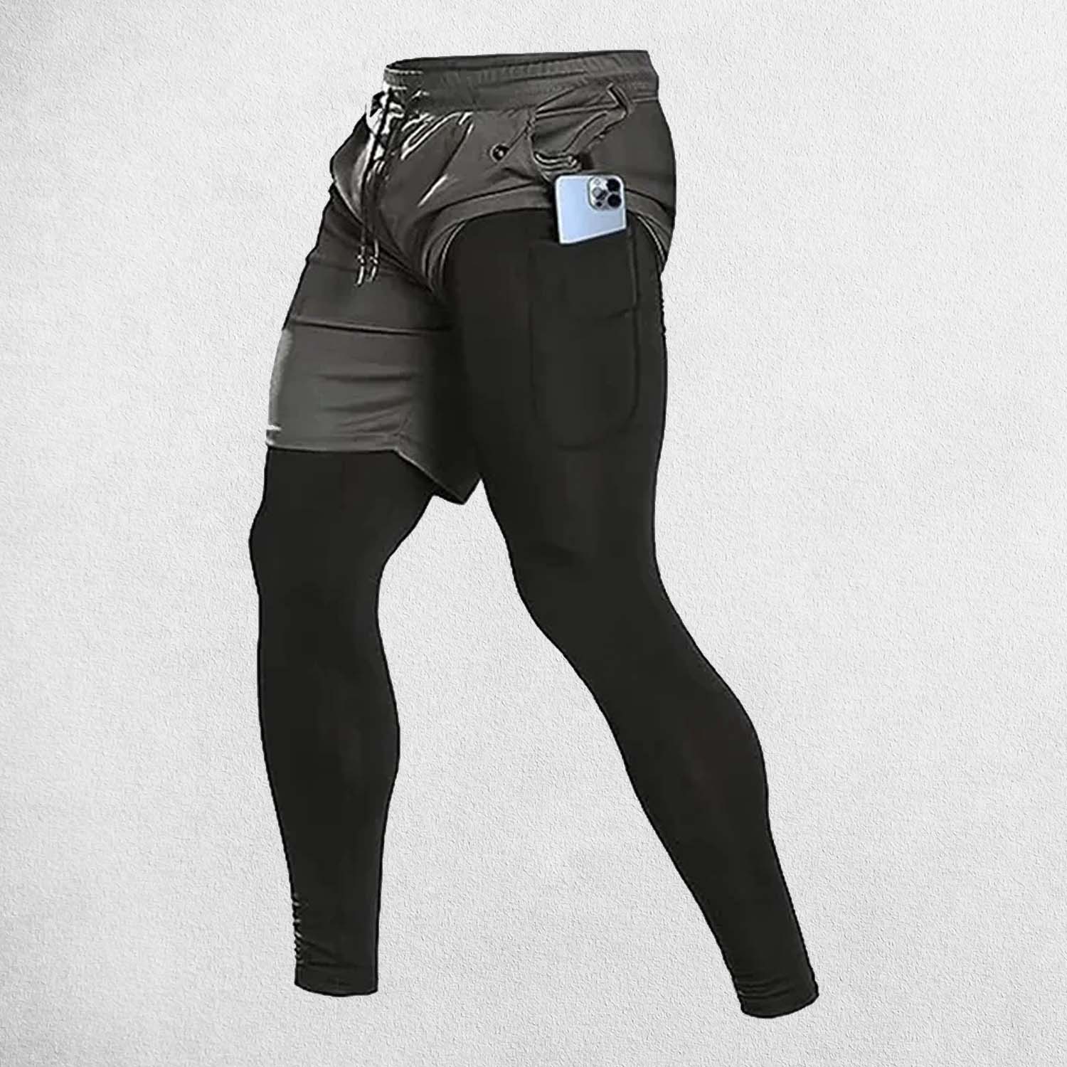 Close-up of Dark Grey 2-in-1 compression running pants with breathable layers