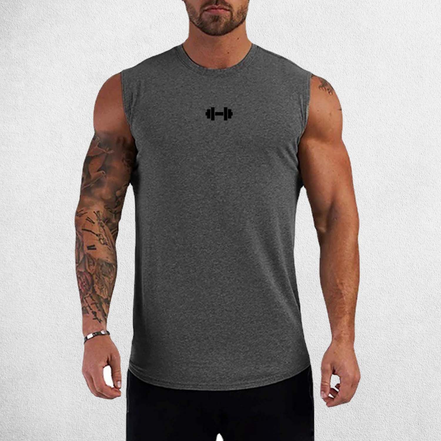 Front View of Model Wearing Dark Grey Men’s Compression Gym Tank Top – Sleeveless Cotton Muscle Vest for Fitness & Bodybuilding