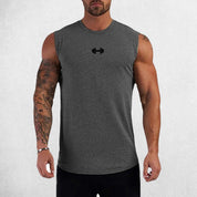 Front View of Model Wearing Dark Grey Men’s Compression Gym Tank Top – Sleeveless Cotton Muscle Vest for Fitness & Bodybuilding