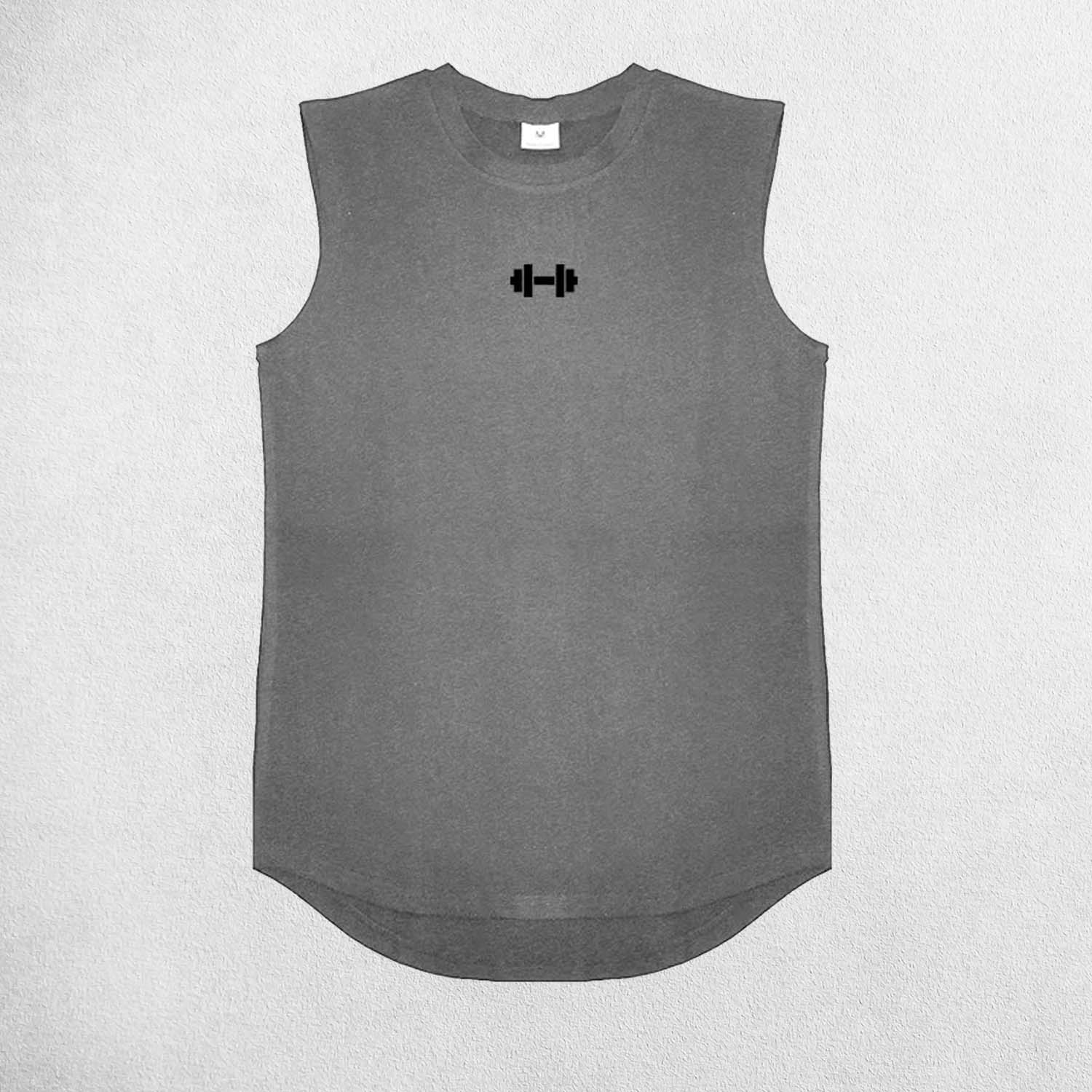 Close Up of Dark Grey Men’s Compression Gym Tank Top – Sleeveless Cotton Muscle Vest for Fitness & Bodybuilding