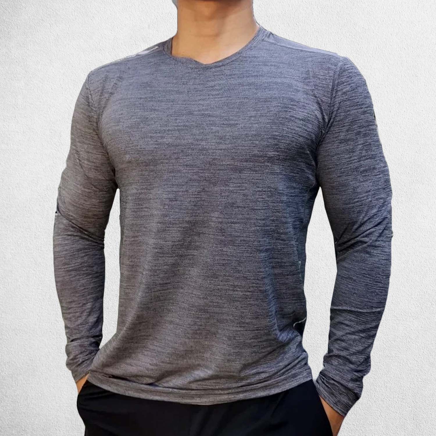 Front View of Model Wearing Dark Grey Men’s Compression Sweatshirt – Long Sleeve Dry Fit Performance Gym & Running Top