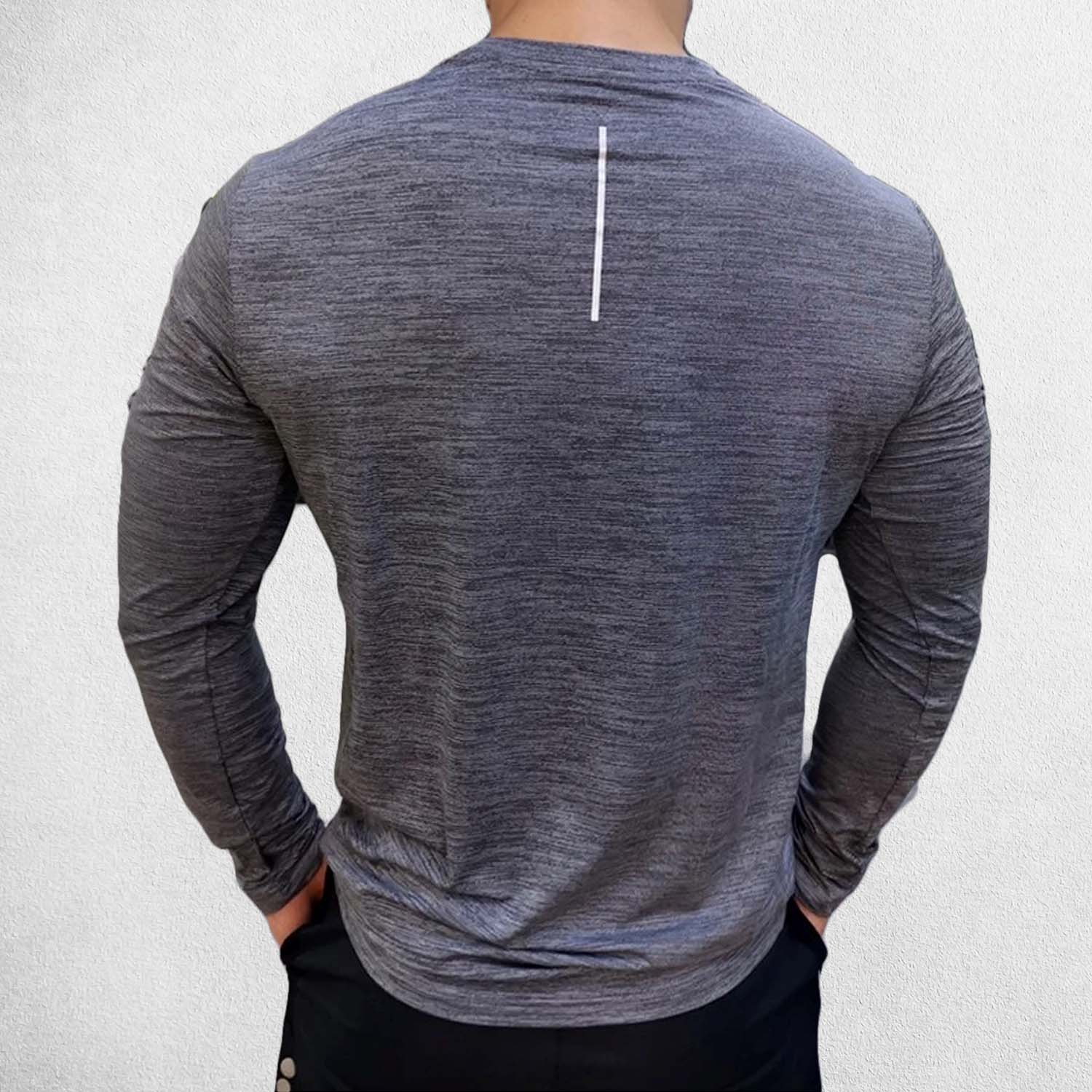 back View of Model Wearing Dark Grey Men’s Compression Sweatshirt – Long Sleeve Dry Fit Performance Gym & Running Top