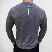 back View of Model Wearing Dark Grey Men’s Compression Sweatshirt – Long Sleeve Dry Fit Performance Gym & Running Top
