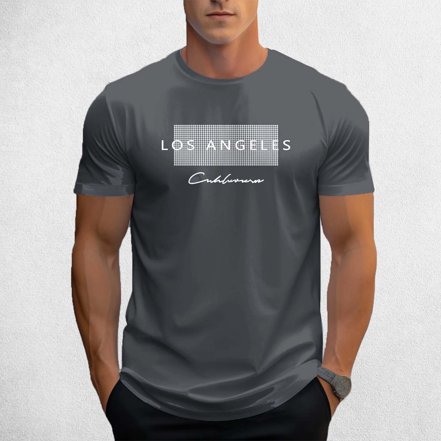 Front view of Dark Grey men’s Los Angeles graphic cotton t-shirt