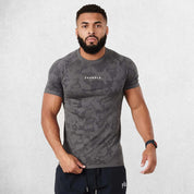 Front view showcasing raglan cut, YoungLA logo, and digital pattern for gym and sports.