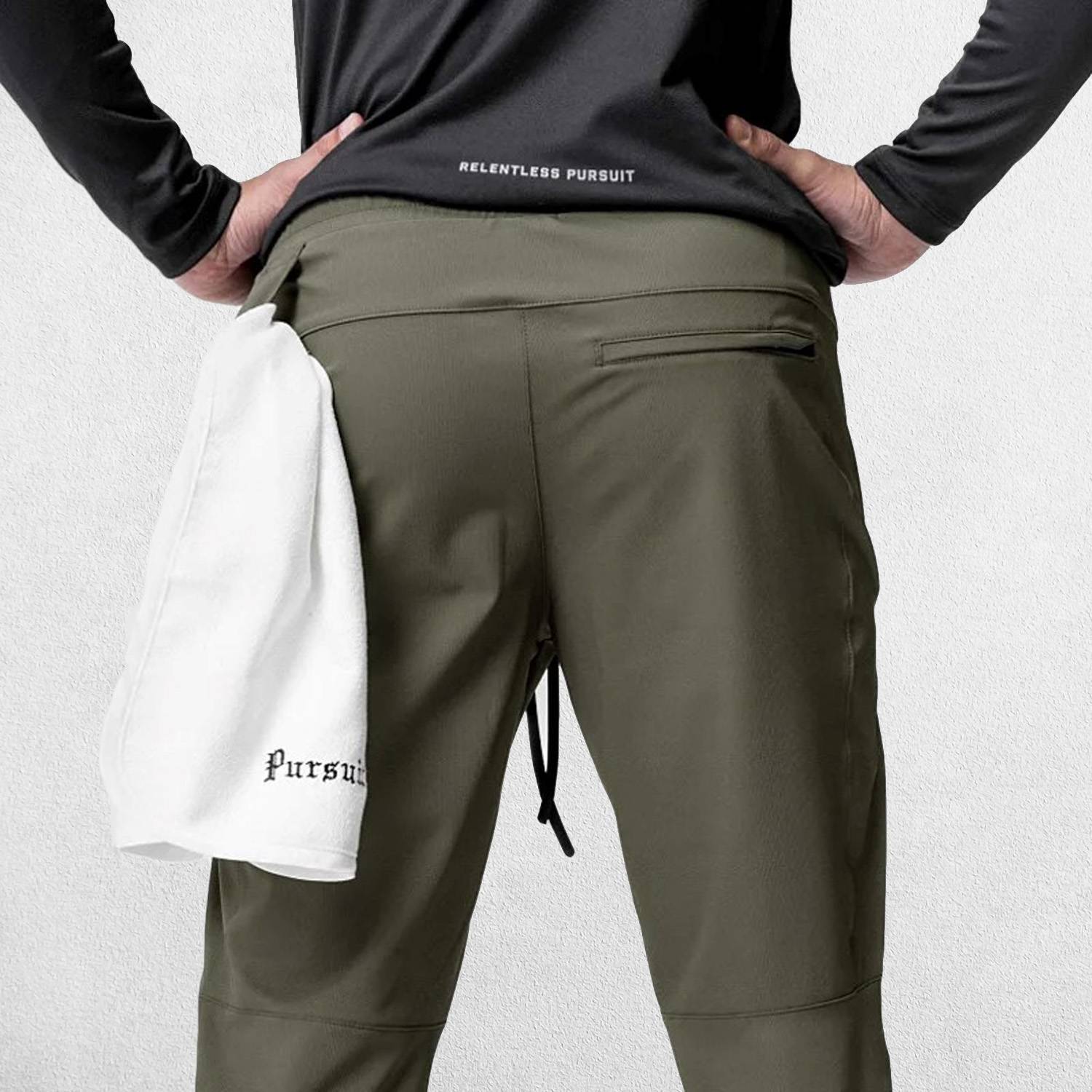 Back view of Dark Olive Green Men's Quick-Dry Gym Track Pants highlighting breathable fabric.