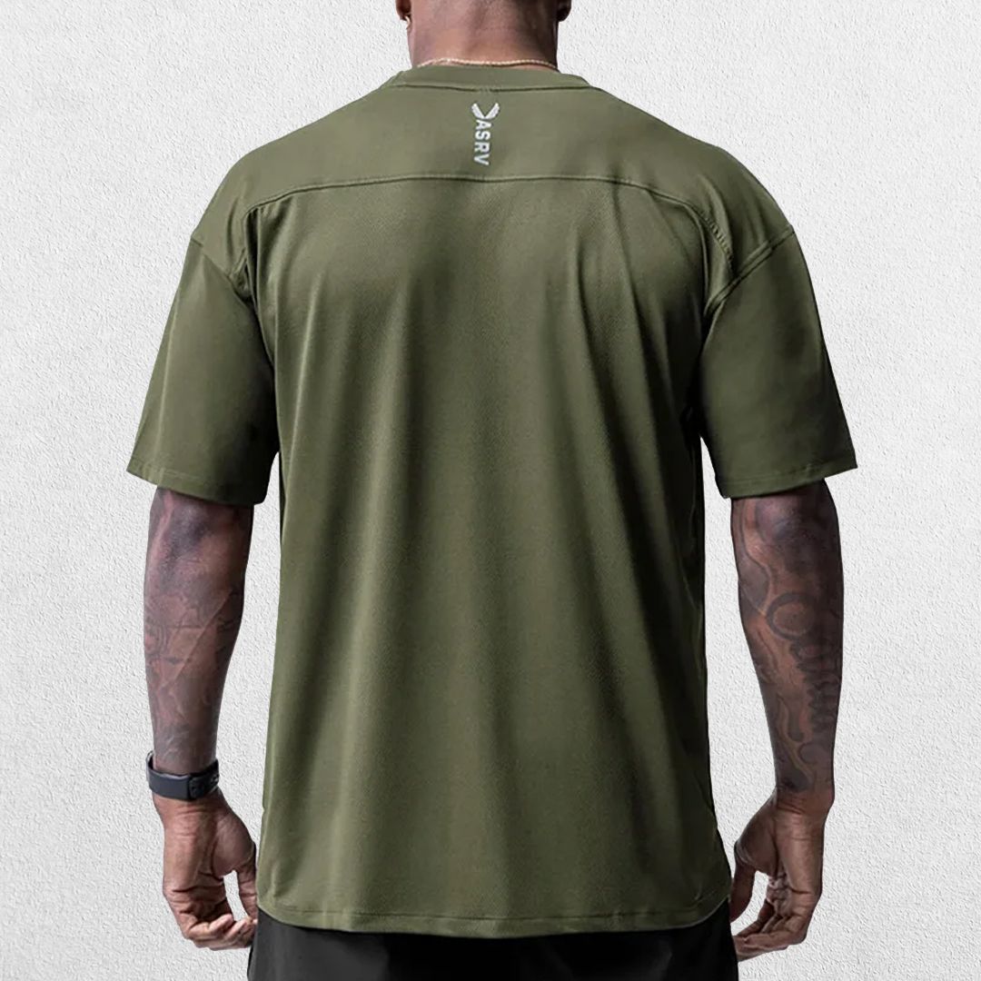Back of Dark Olive Grey GPW Men's Summer Quick-Dry Gym Casual Tee in a studio background