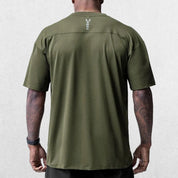 Back of Dark Olive Grey GPW Men's Summer Quick-Dry Gym Casual Tee in a studio background