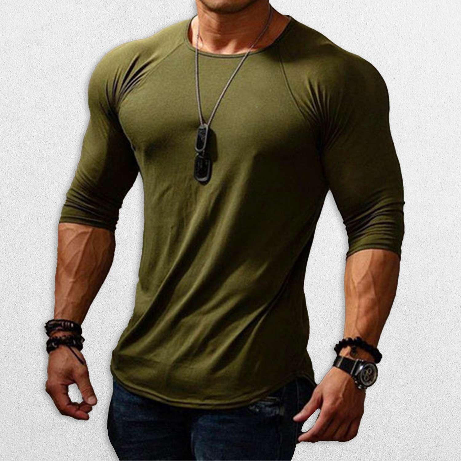 Dark olive GPW Men’s Long Sleeve Gym T-Shirt - breathable cotton fabric for bodybuilding and sports.