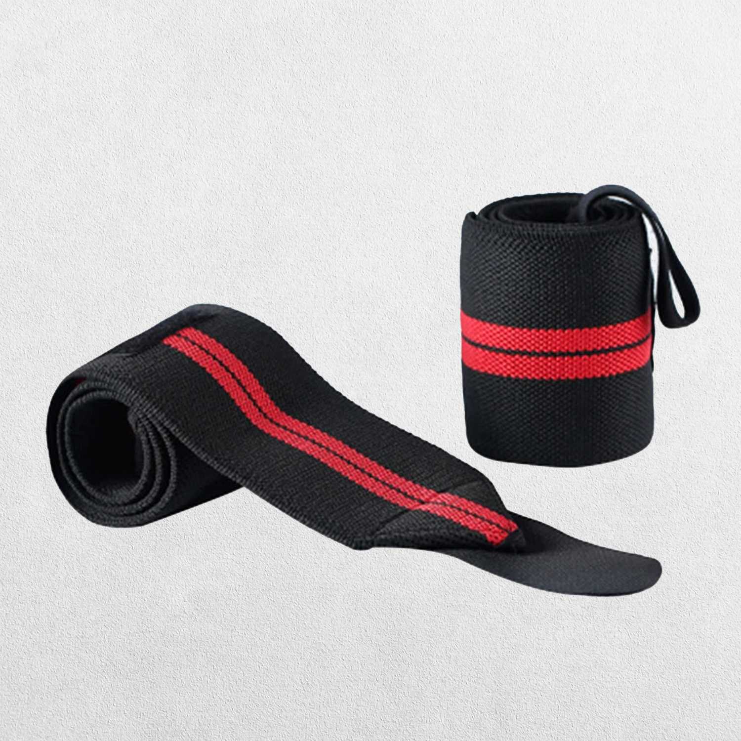Red Strips Adjustable wrist wraps being secured with a Velcro strap.