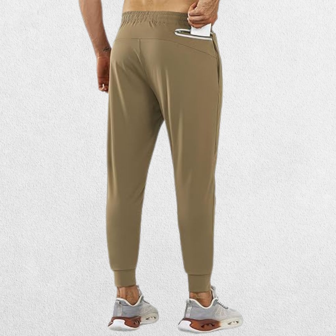 Men's lightweight brown trousers with secure zipper pocket