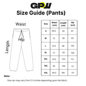 Size chart for GPW Men's Slim Fit Pencil Pants, showing waist, hip, and length.