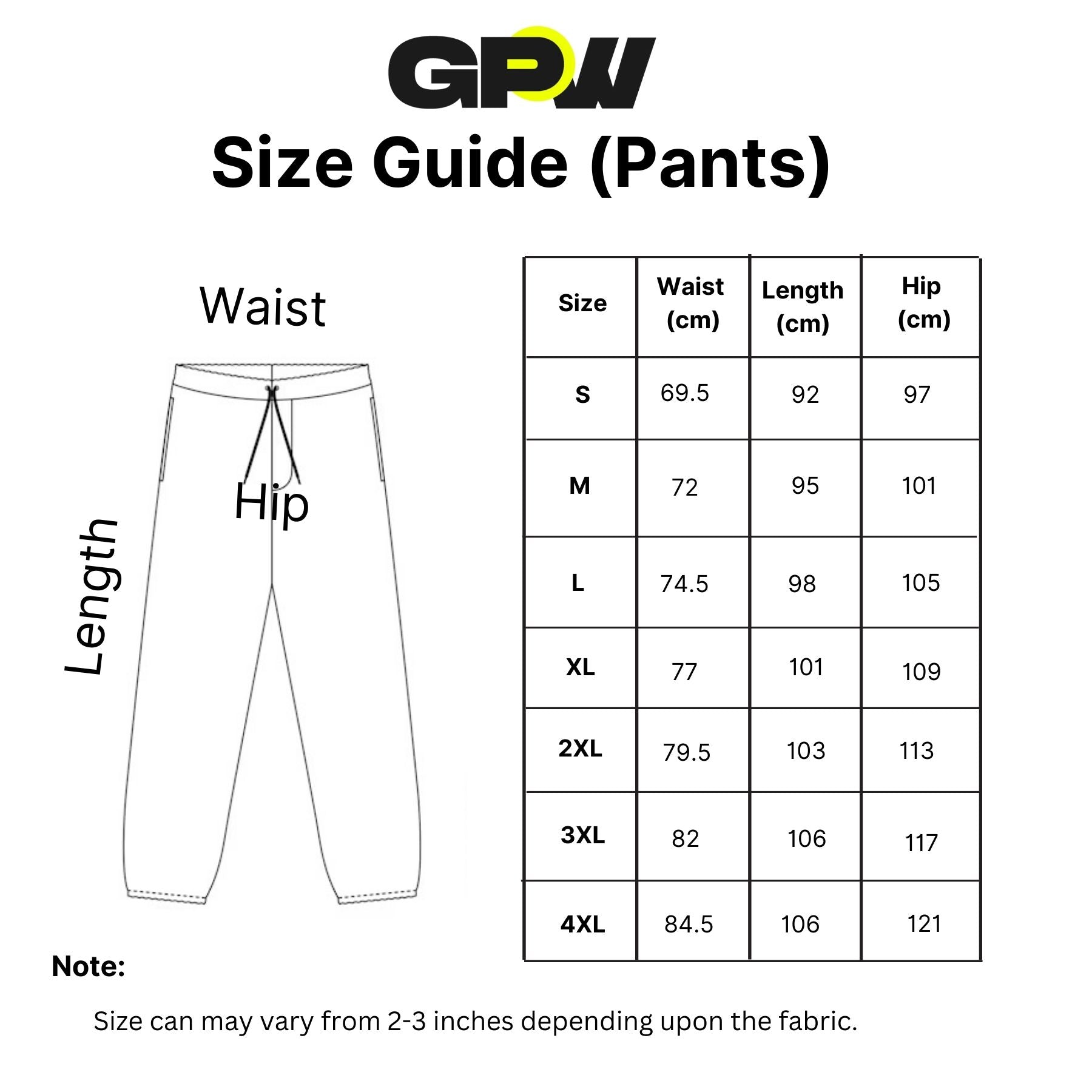 Size chart for GPW Men's Slim Fit Pencil Pants, showing waist, hip, and length.