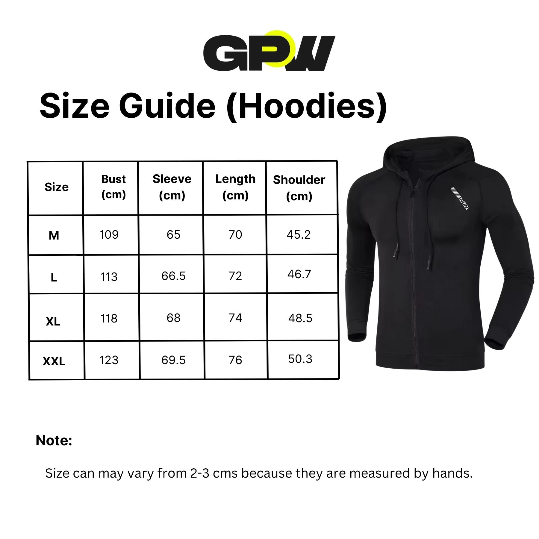 Men's Slim Fit Sport Hoodie size chart showing available sizes