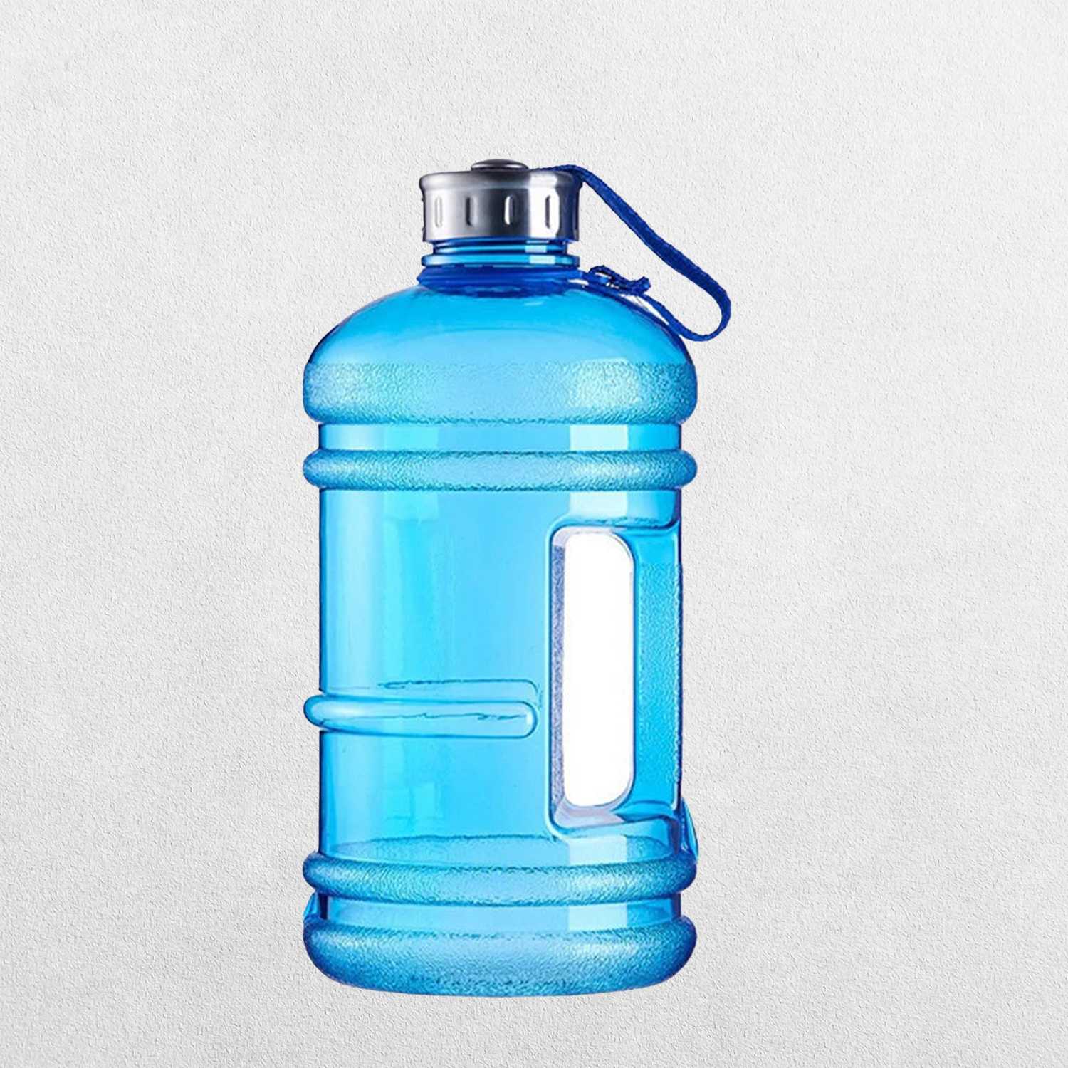 Blue GPW 2L upright water bottle with studio background.