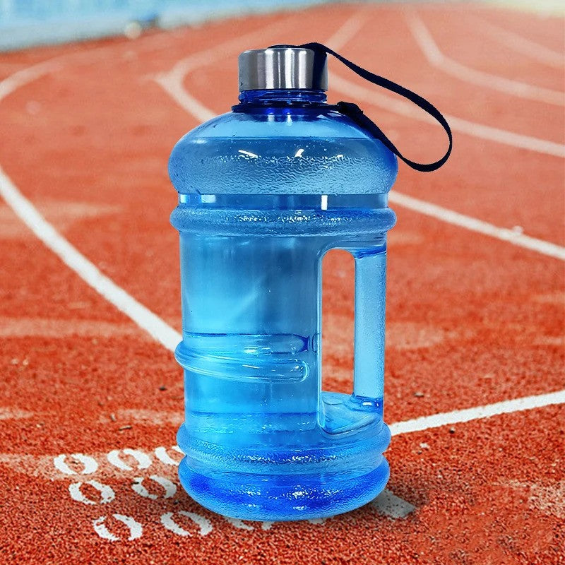 The bottle filled with colored water to visually highlight the 2L capacity.