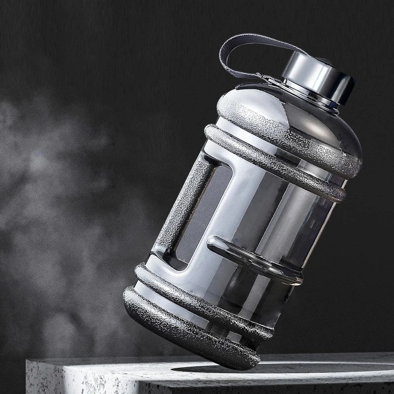 Black GPW 2L upright water bottle with Black background.