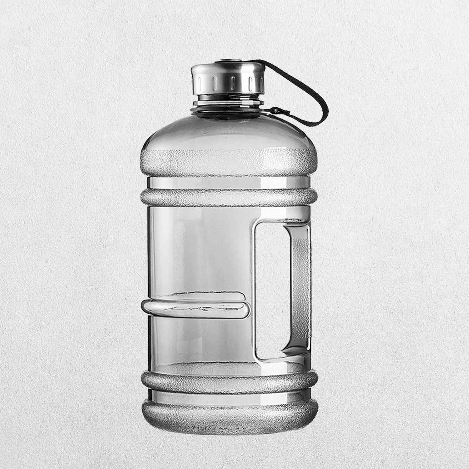 Transparent GPW 2L upright water bottle with studio background.