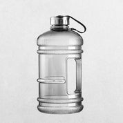 Transparent GPW 2L upright water bottle with studio background.