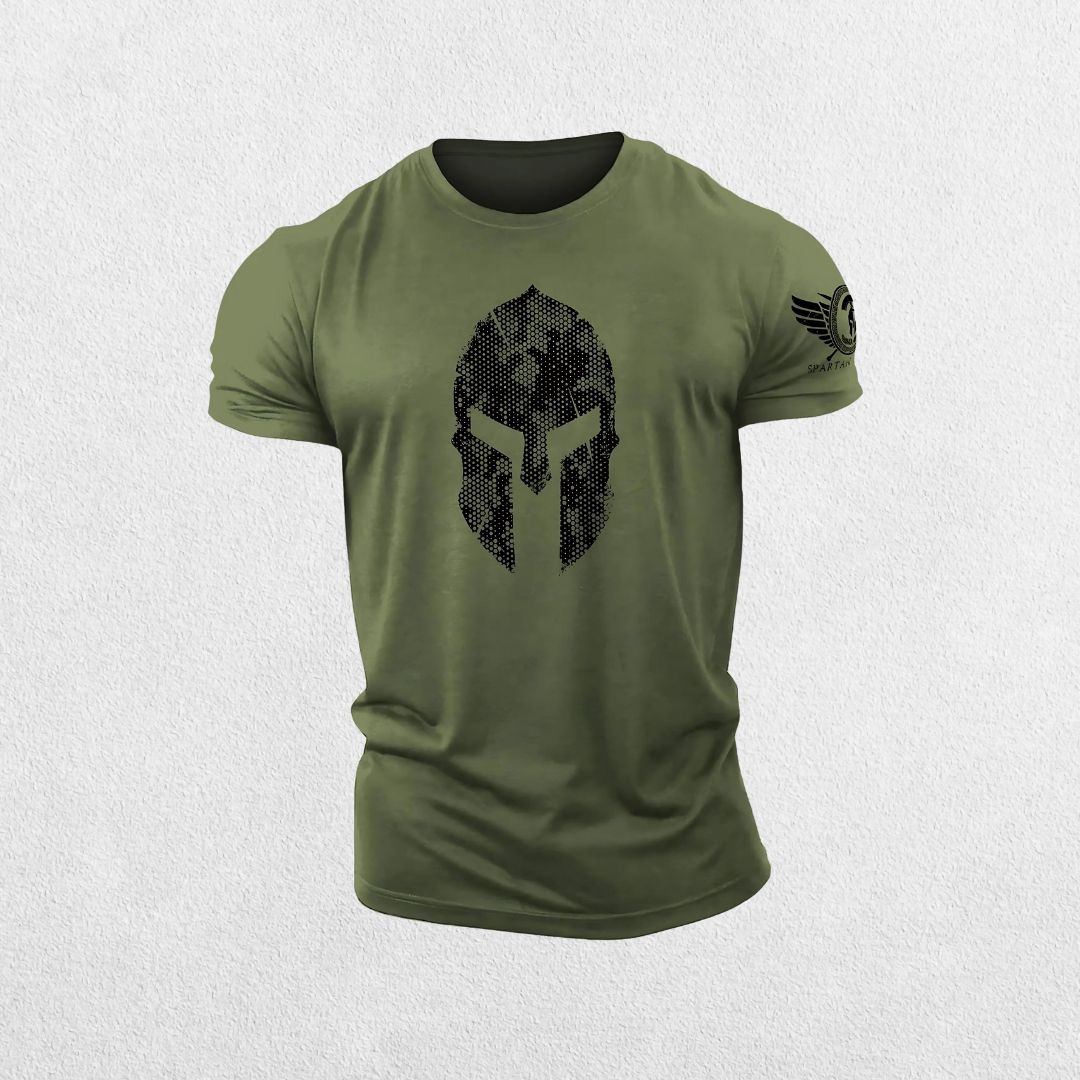 Close-up of Dark Olive green 3D Spartan helmet design on hex camo gym t-shirt